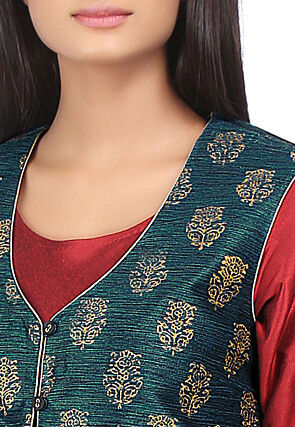 Block Printed Dupion Silk Jacket in Teal Blue