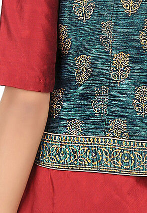 Block Printed Dupion Silk Jacket in Teal Blue