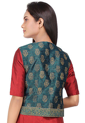 Block Printed Dupion Silk Jacket in Teal Blue