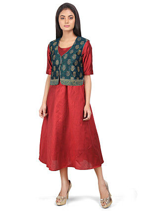 Block Printed Dupion Silk Jacket in Teal Blue