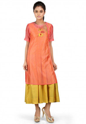 Embroidered Chanderi Layered Kurta in Peach and Yellow