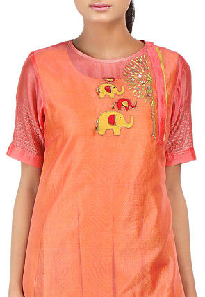 Embroidered Chanderi Layered Kurta in Peach and Yellow