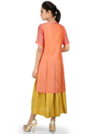 Embroidered Chanderi Layered Kurta in Peach and Yellow