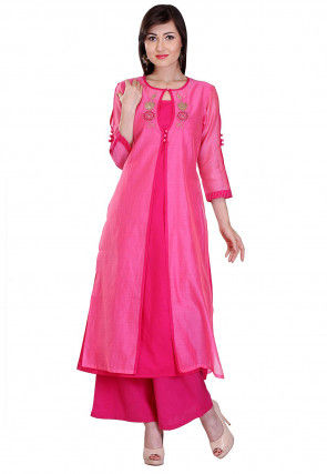 Embroidered Chanderi Silk Jacket Style Long Kurta in Fuchsia