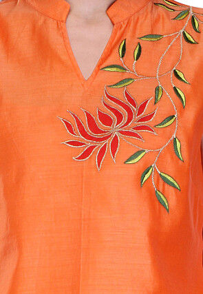 Embroidered Chanderi Silk Kurti in Orange