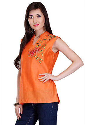 Embroidered Chanderi Silk Kurti in Orange