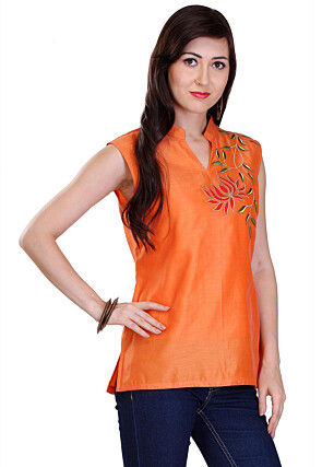 Embroidered Chanderi Silk Kurti in Orange