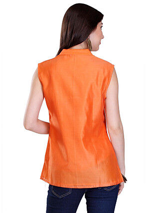 Embroidered Chanderi Silk Kurti in Orange