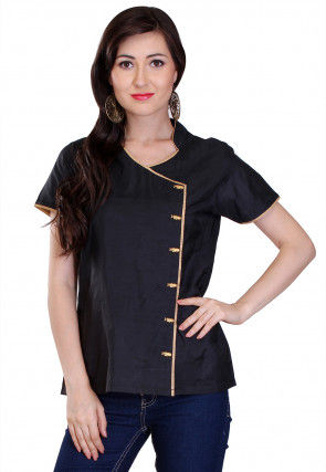 Plain Cotton Silk Angrakha Style Top in Black