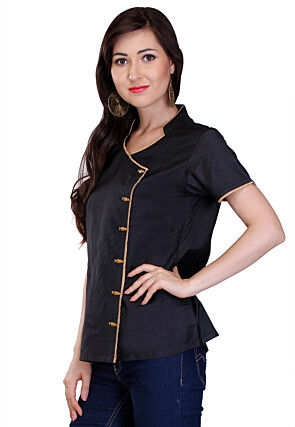 Plain Cotton Silk Angrakha Style Top in Black