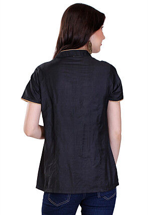 Plain Cotton Silk Angrakha Style Top in Black
