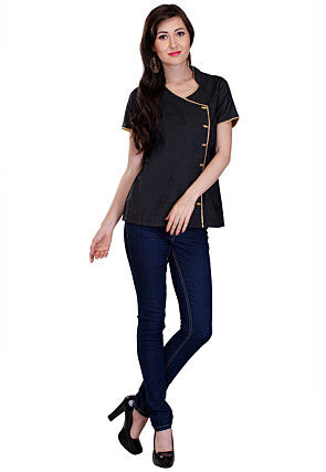 Plain Cotton Silk Angrakha Style Top in Black