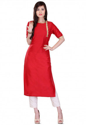 Plain Cotton Silk Kurta in Red