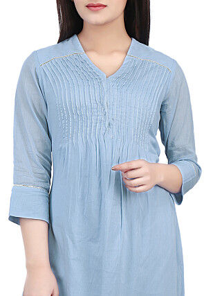 Plain Cotton Mulmul Kurti in Sky Blue