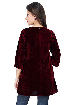 Embroidered Velvet Top in Maroon