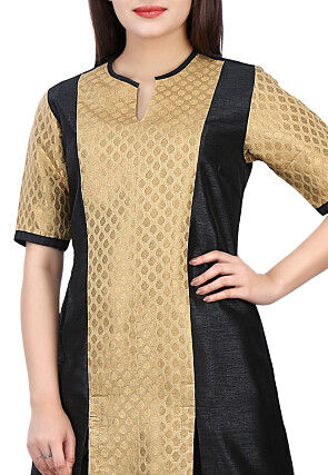 Woven Brocade Silk and Dupion Silk Kurta in Golden and Black
