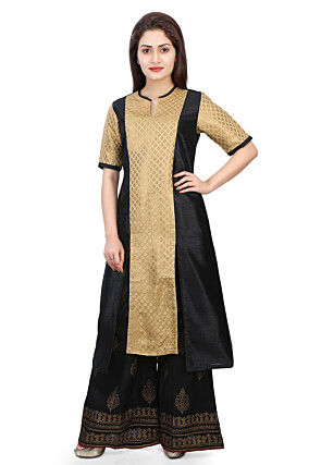 Woven Brocade Silk and Dupion Silk Kurta in Golden and Black