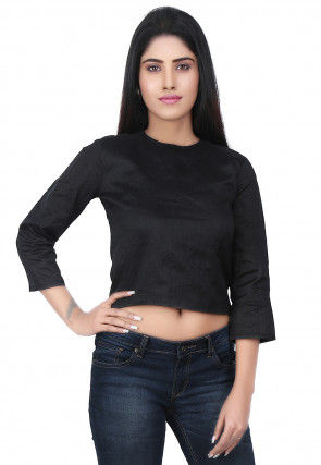 Plain Dupion Silk Crop Top in Black
