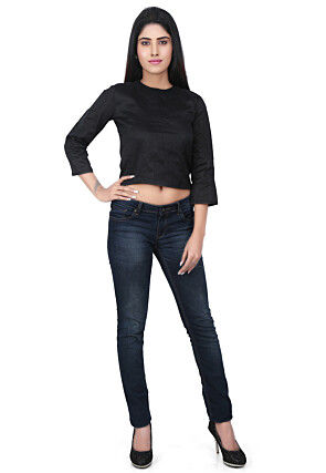 Plain Dupion Silk Crop Top in Black