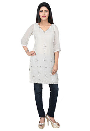 Embroidered Georgette Kurti in White