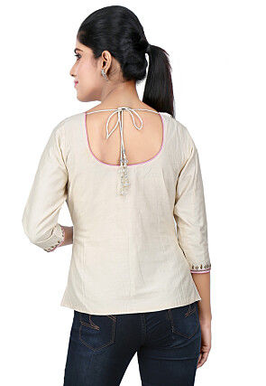 Embroidered Cotton Silk Top in Off White