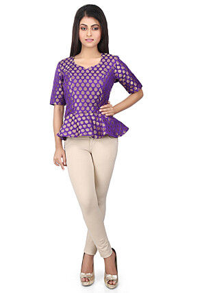 Woven Chanderi Silk Peplum Style Top in Purple