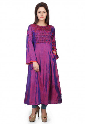 Plain Art Silk Long Kurta in Purple