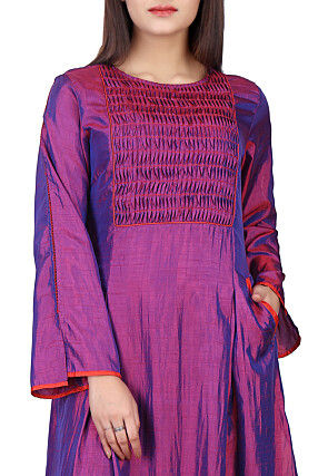 Plain Art Silk Long Kurta in Purple