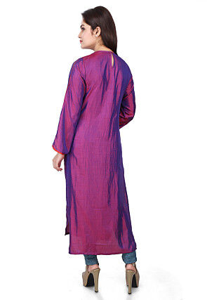 Plain Art Silk Long Kurta in Purple