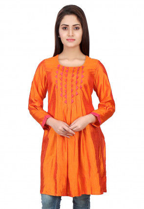 Box Pleated Art Silk Tunic in Orange