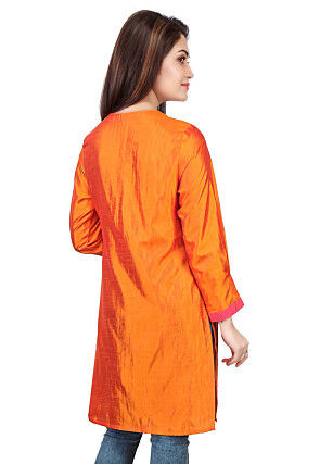 Box Pleated Art Silk Tunic in Orange