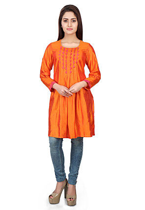 Box Pleated Art Silk Tunic in Orange
