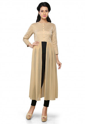 Brocade and Georgette Long Kurta in Beige