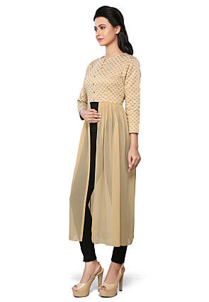 Brocade and Georgette Long Kurta in Beige