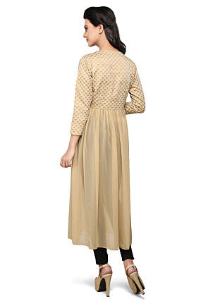 Brocade and Georgette Long Kurta in Beige