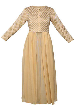 Brocade and Georgette Long Kurta in Beige
