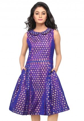 Jacquard Chanderi Silk A Line Dress in Royal Blue
