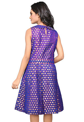Jacquard Chanderi Silk A Line Dress in Royal Blue