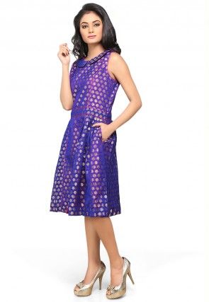 Jacquard Chanderi Silk A Line Dress in Royal Blue