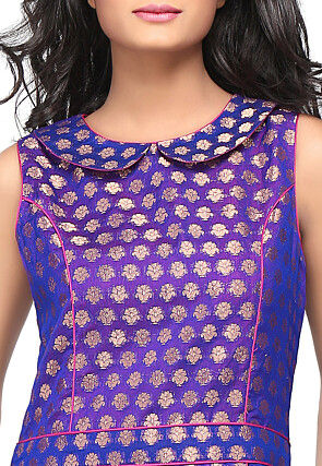 Jacquard Chanderi Silk A Line Dress in Royal Blue