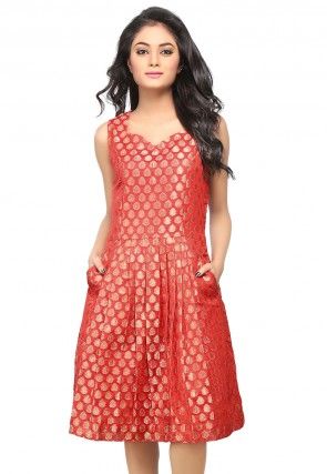 Jacquard Chanderi Silk Jacquard A Line Dress in Red