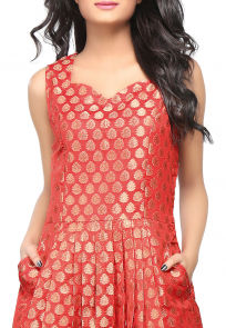 Jacquard Chanderi Silk Jacquard A Line Dress in Red
