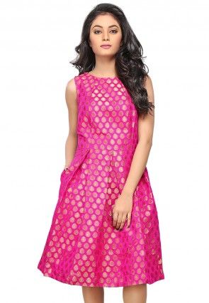 Woven Chanderi Silk A Line Dress in Fuchsia