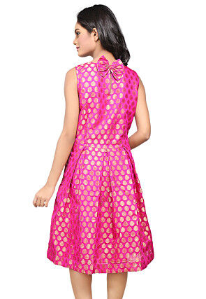 Woven Chanderi Silk A Line Dress in Fuchsia