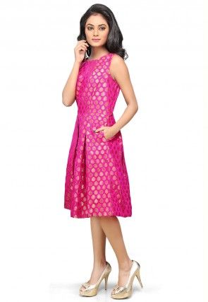 Woven Chanderi Silk A Line Dress in Fuchsia