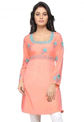 Embroidered Crepe A Line Tunic in Peach