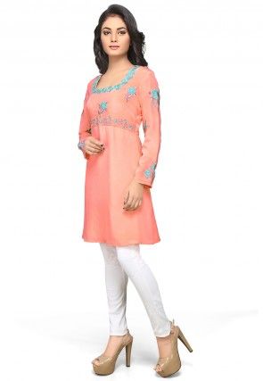 Embroidered Crepe A Line Tunic in Peach