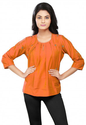 Embroidered Cotton Silk Top in Orange