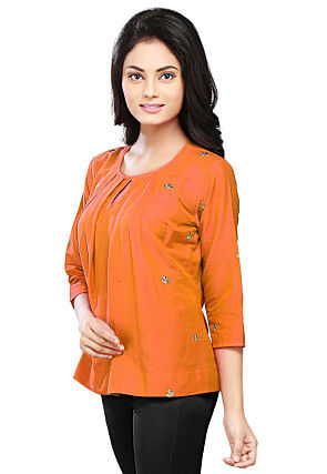 Embroidered Cotton Silk Top in Orange