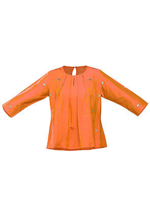 Embroidered Cotton Silk Top in Orange
